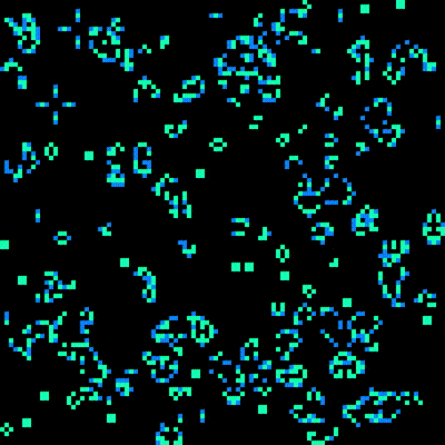 A C++ implementation of Conway's Game of Life, a cellular automaton that simulates the evolution of a grid of cells based on simple rules. The project was built to expirement with cellular automata and the elegant patterns that arise from simple rules. I color-graded cells depending on which rule they were following.